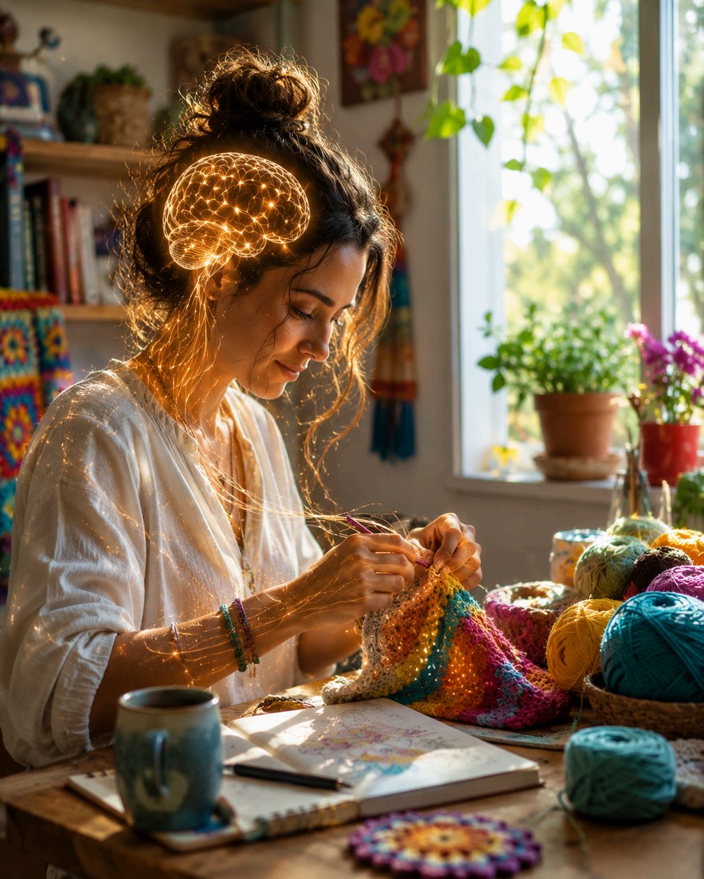 Mulher fazendo crochê com visualização luminosa do cérebro